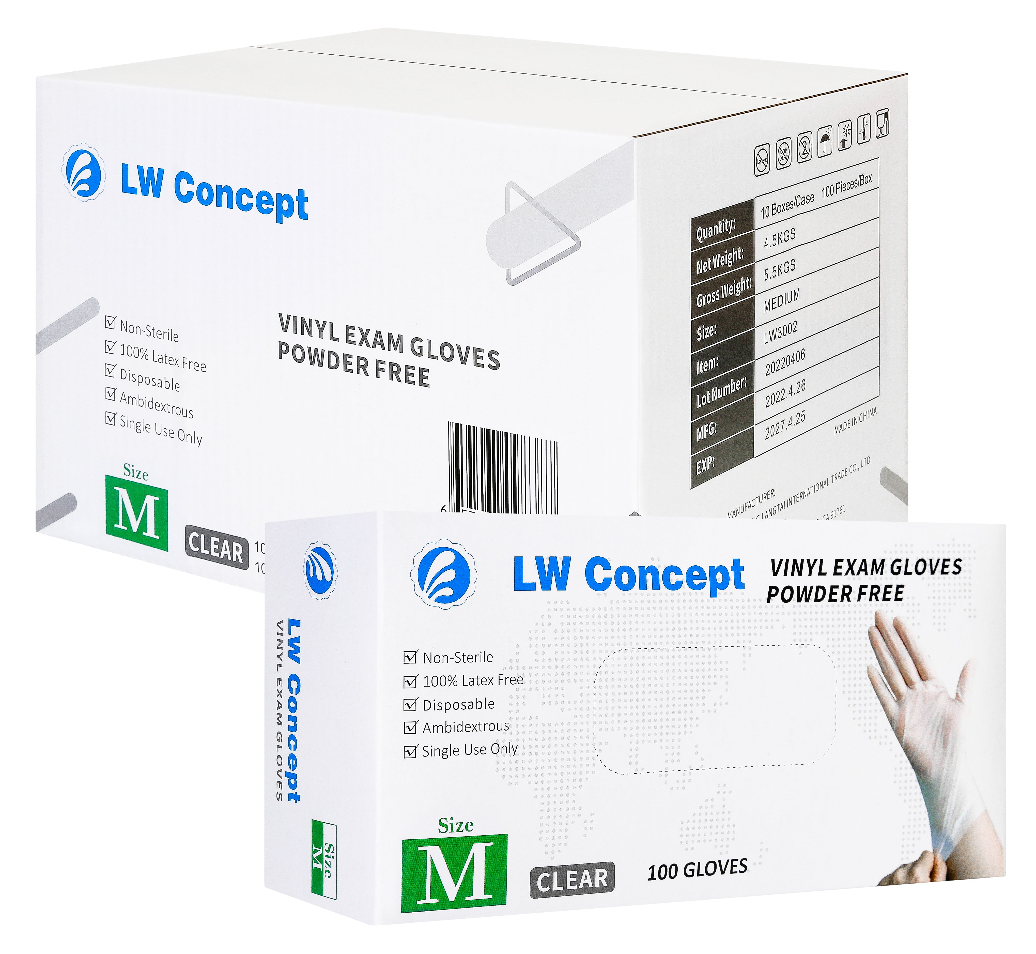 LW Concept Disposable Vinyl Gloves Powder Free, Clear, Non-Medical Use