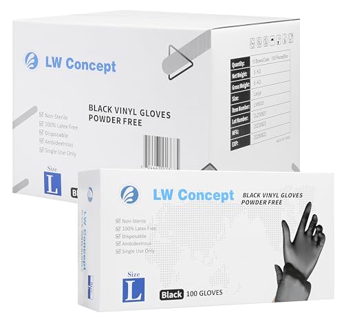 LW Concept - Black Vinyl Gloves, Disposable Non-Sterile Latex-Free Pow