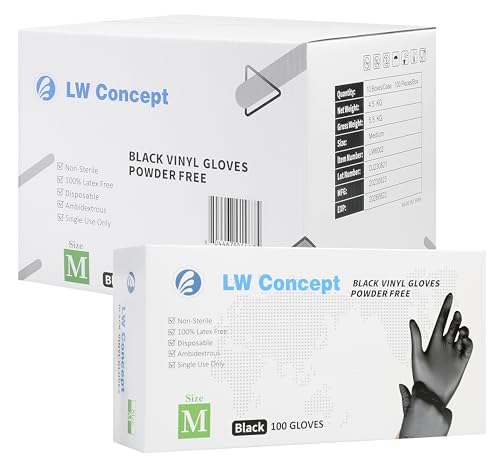 LW Concept - Black Vinyl Gloves, Disposable Non-Sterile Latex-Free Powder-Free Glove pack of 1000 (Black, M/L/XL)