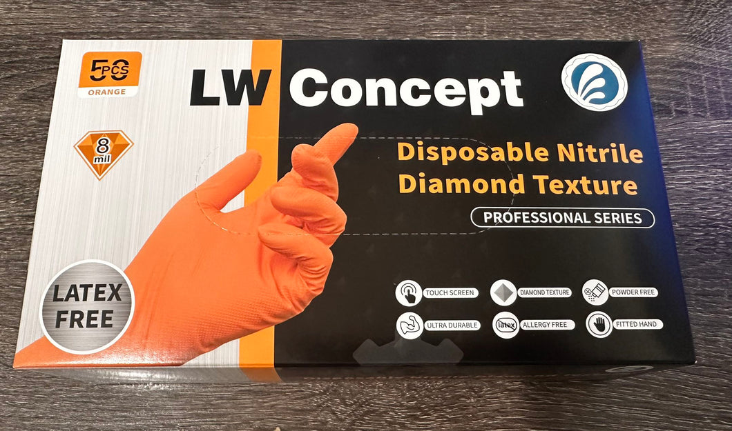 LW Concept Disposable Nitrile Orange Diamond Texture Gloves - Latex-Free & Powder-free ,8 mil (Case of 500)