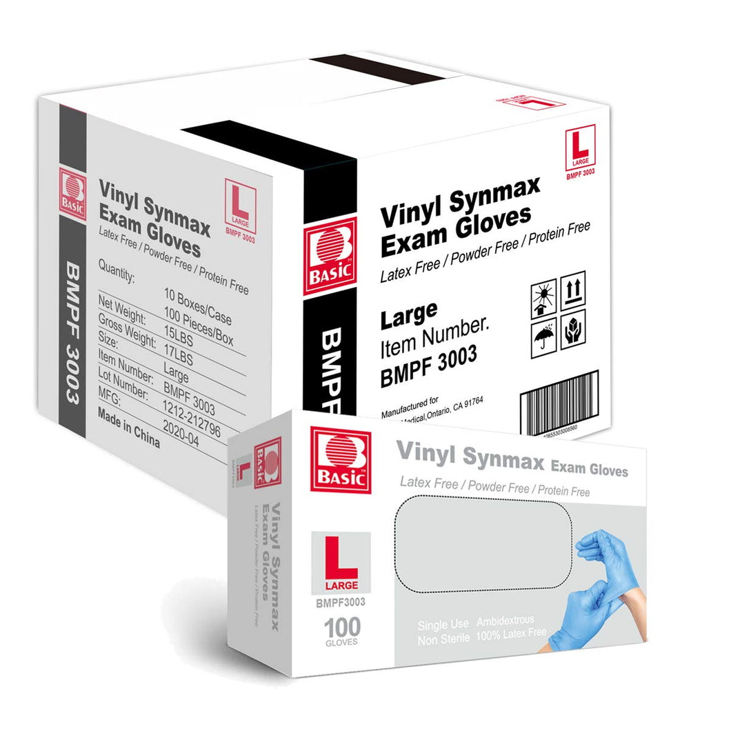 Basic Medical Synmax Vinyl Exam Gloves - Latex-Free & Powder-Free - Large, BMPF-3003(Case of 1,000)