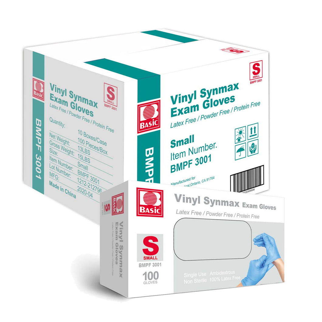 Basic Medical Synmax Vinyl Exam Gloves - Latex-Free & Powder-Free - Small, BMPF-3001(Case of 1,000)