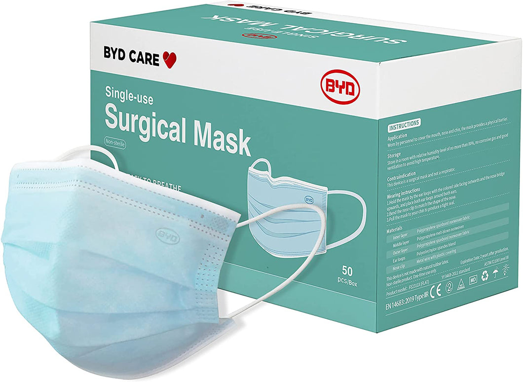 BYD CARE Single Use Disposable 3-Ply Mask, ASTM Level 3, Daily protection for men and women for Home, Office, School, Restaurants, Gyms, Outdoor and Indoor, Case of 40 boxes, Box of 50 PCs, Green Box