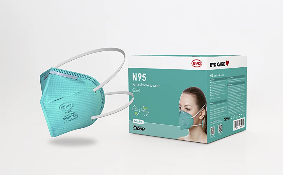 BYD CARE N95 Respirator, 20 Pack with Individual Wrap, Breathable & Comfortable Foldable Safety Mask with Head Strap for Tight Fit, Case of 48 boxes