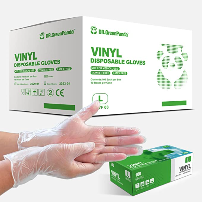 Dr.GreenPanda, Large, Clear Vinyl Gloves, PVC Disposable Bulk Food Safe, Latex & Powder Free, Texture Smooth, Non Sterile (Case of 1000 | Box of 100)