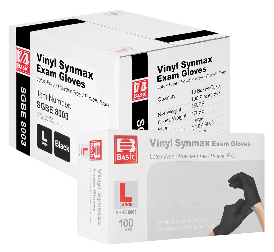 Basic Medical Synmax Vinyl Exam BLACK Gloves - Latex-Free & Powder-Free - Large, SGBE-8003(Case of 1,000)