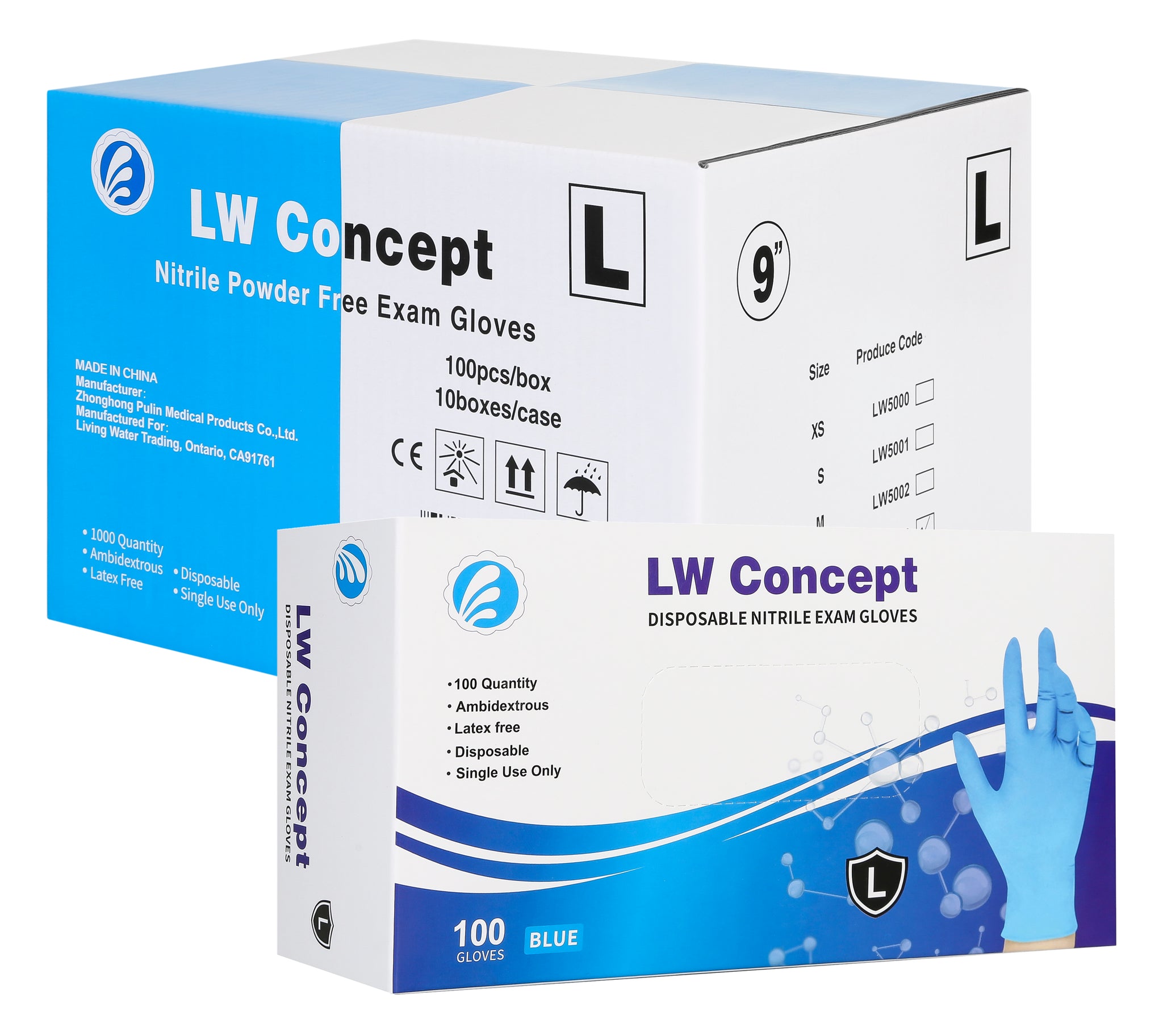 LW Concept Nitrile Blue Gloves - Latex-Free & Powder-Free