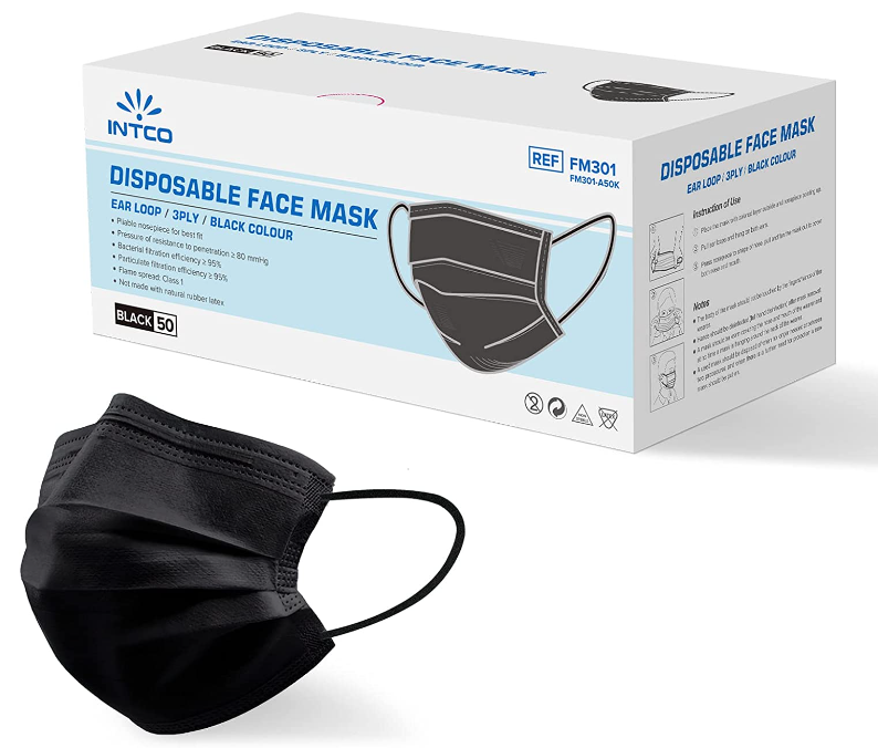 Intco Disposable Face mask, Black, Non-Medical Use, One Case of 40 Boxes, 50PC/Box